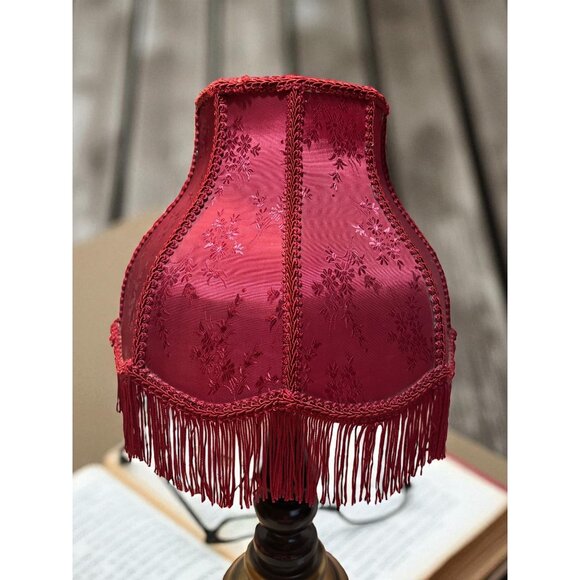 Vintage Burgundy Fabric Bell Shape Lampshade With Floral Pattern & Fringe Detail - Picture 1 of 12